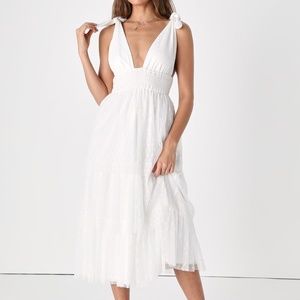 Lulu's Tier's to Us White Swiss Dot Tie-Strap Tiered Midi Dress